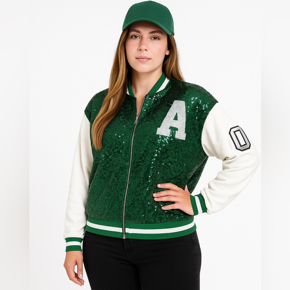 FANTASTIC FAWN Game Day Baseball Sequin Varsity Bomber Jacket Green White Small
